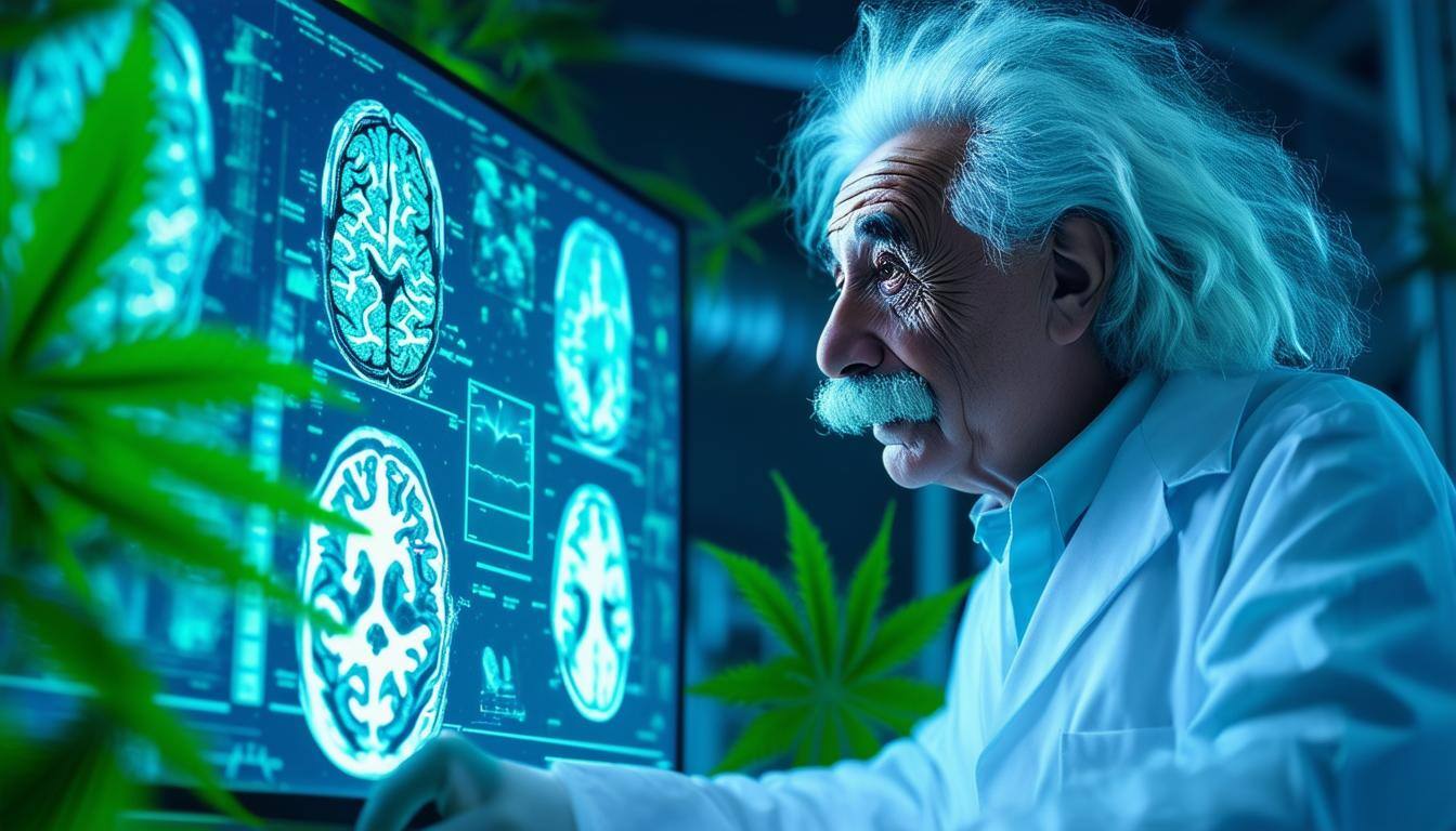 A scientist in a modern laboratory analyzing brain scans on a futuristic digital display, with cannabis leaves subtly integrated into the background. 