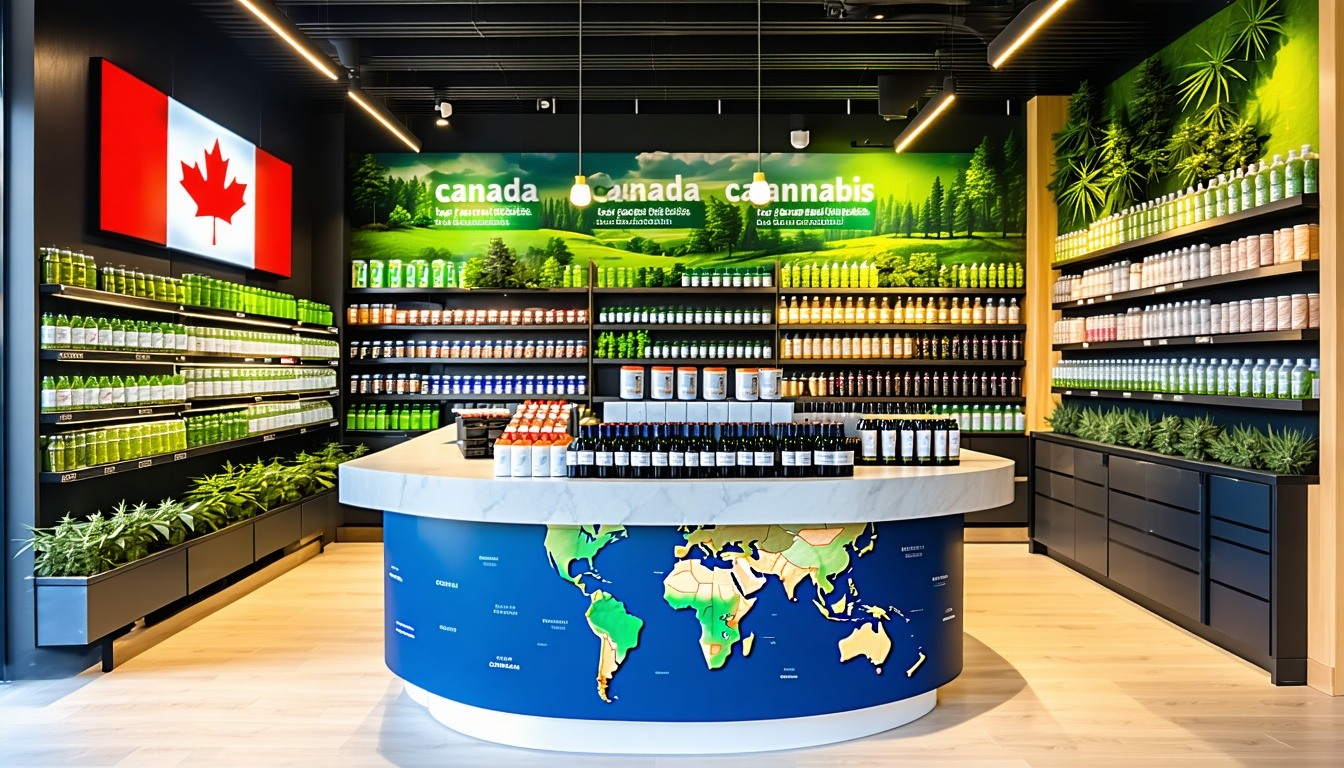 A vibrant cannabis dispensary in Canada, featuring modern interior design, diverse products, and a global trade map in the background, symbolizing international expansion.